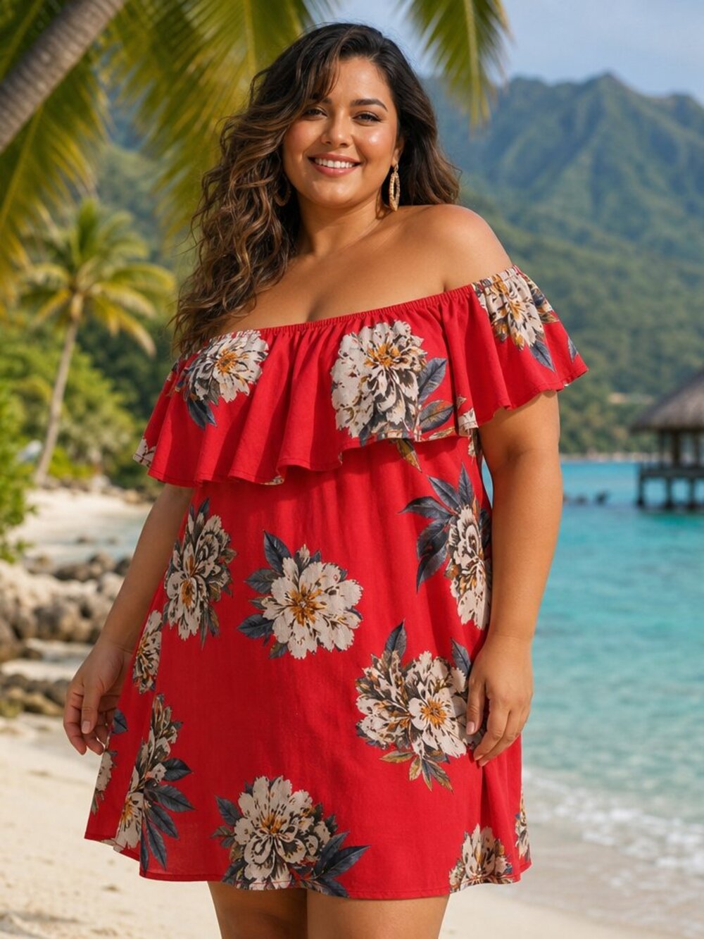Acesnug Red Floral Off‑Shoulder Dress – Size Large